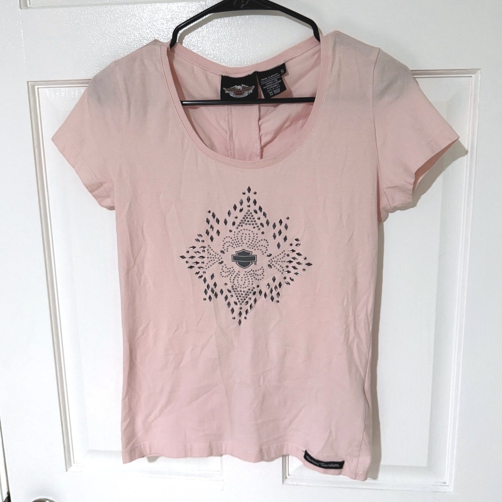 Harley Davidson Womens Pink Ruched Back Rhinestone Embellished Logo Tee Small